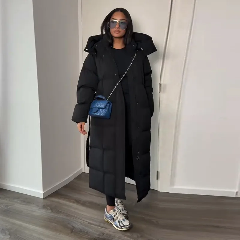 Women Detachable Triangle Shawl Long Puffer Coat Waist Tie Belted Stand Collar Oversize 2026 Casual Warm Winter Cotton Outerwear