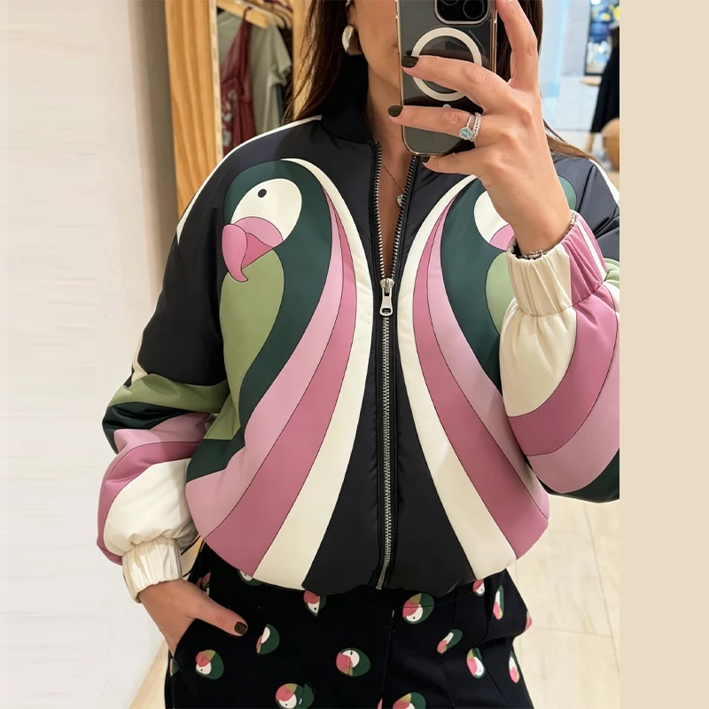 Fashion Printed Women's Cotton Coat Zipper Stand Collar Thicken Loose Lady Short Jackets 2026 Autumn Winter Female Chic Tops