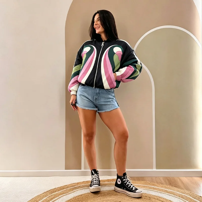Fashion Printed Women's Cotton Coat Zipper Stand Collar Thicken Loose Lady Short Jackets 2026 Autumn Winter Female Chic Tops