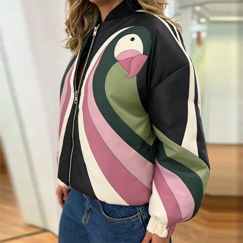Fashion Printed Women's Cotton Coat Zipper Stand Collar Thicken Loose Lady Short Jackets 2026 Autumn Winter Female Chic Tops