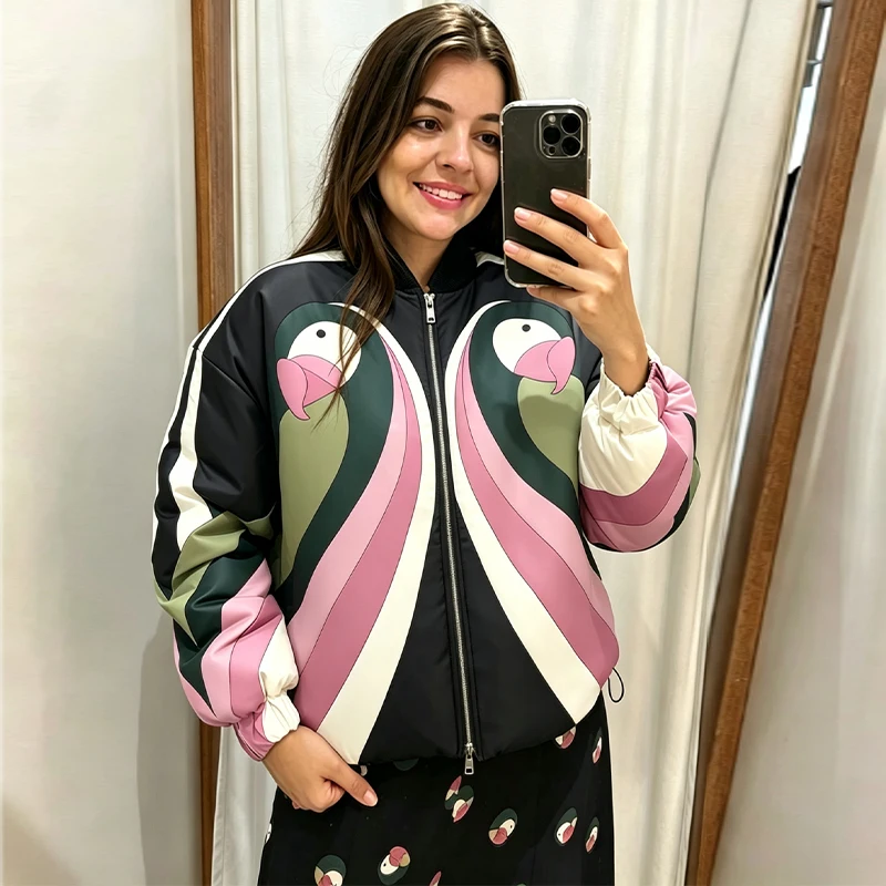Fashion Printed Women's Cotton Coat Zipper Stand Collar Thicken Loose Lady Short Jackets 2026 Autumn Winter Female Chic Tops