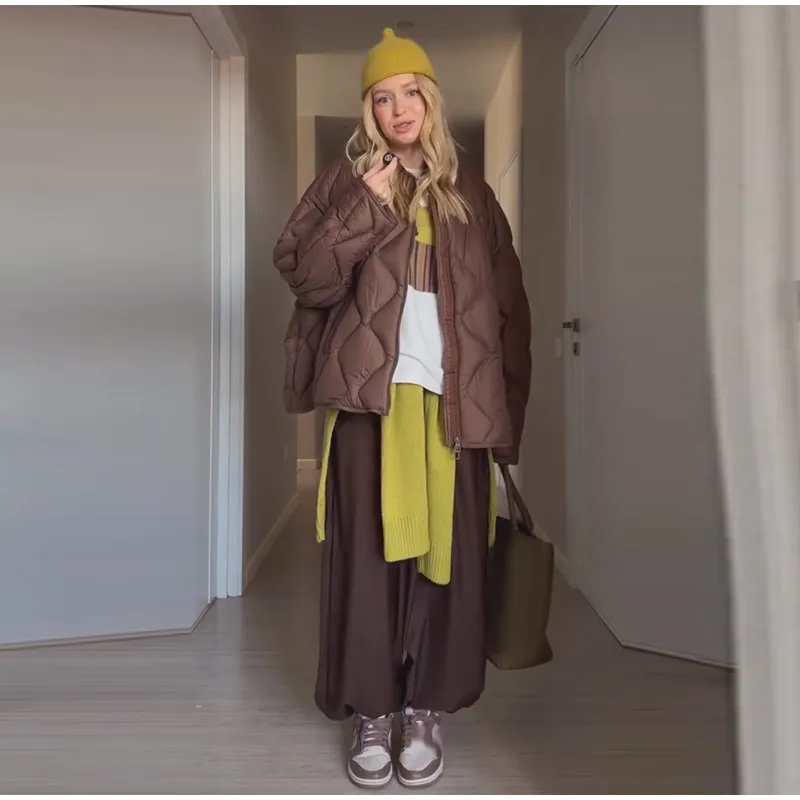 Casual Women's Quilted Cotton Padded Coats Loose O-neck Long Sleeve Zipper Female Coat 2026 Winter Lady Chic Warm Outwear