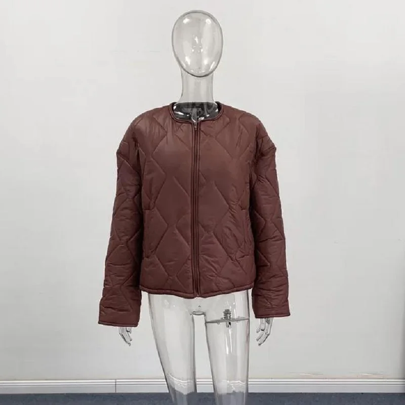 Casual Women's Quilted Cotton Padded Coats Loose O-neck Long Sleeve Zipper Female Coat 2026 Winter Lady Chic Warm Outwear