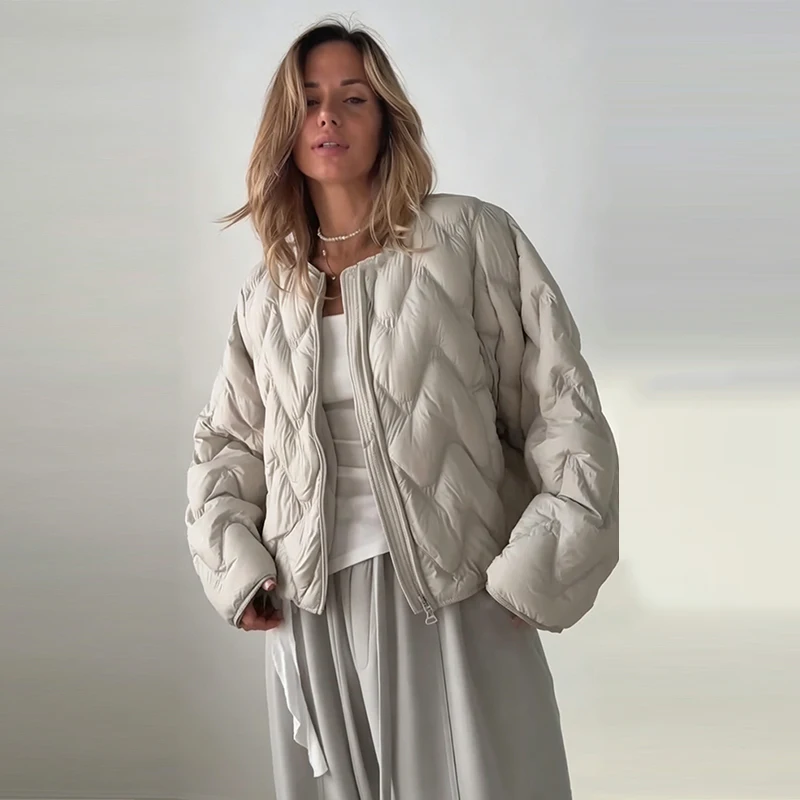Casual Women's Quilted Cotton Padded Coats Loose O-neck Long Sleeve Zipper Female Coat 2026 Winter Lady Chic Warm Outwear
