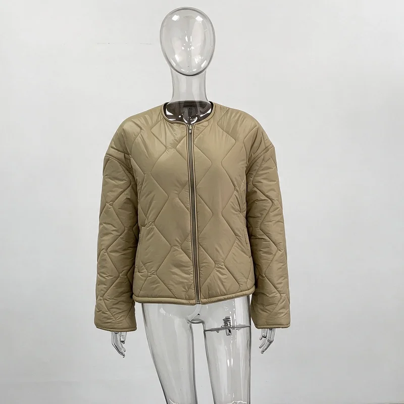 Casual Women's Quilted Cotton Padded Coats Loose O-neck Long Sleeve Zipper Female Coat 2026 Winter Lady Chic Warm Outwear