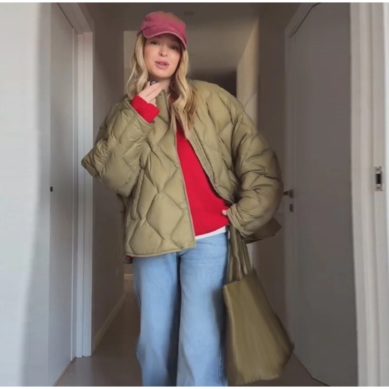 Casual Women's Quilted Cotton Padded Coats Loose O-neck Long Sleeve Zipper Female Coat 2026 Winter Lady Chic Warm Outwear