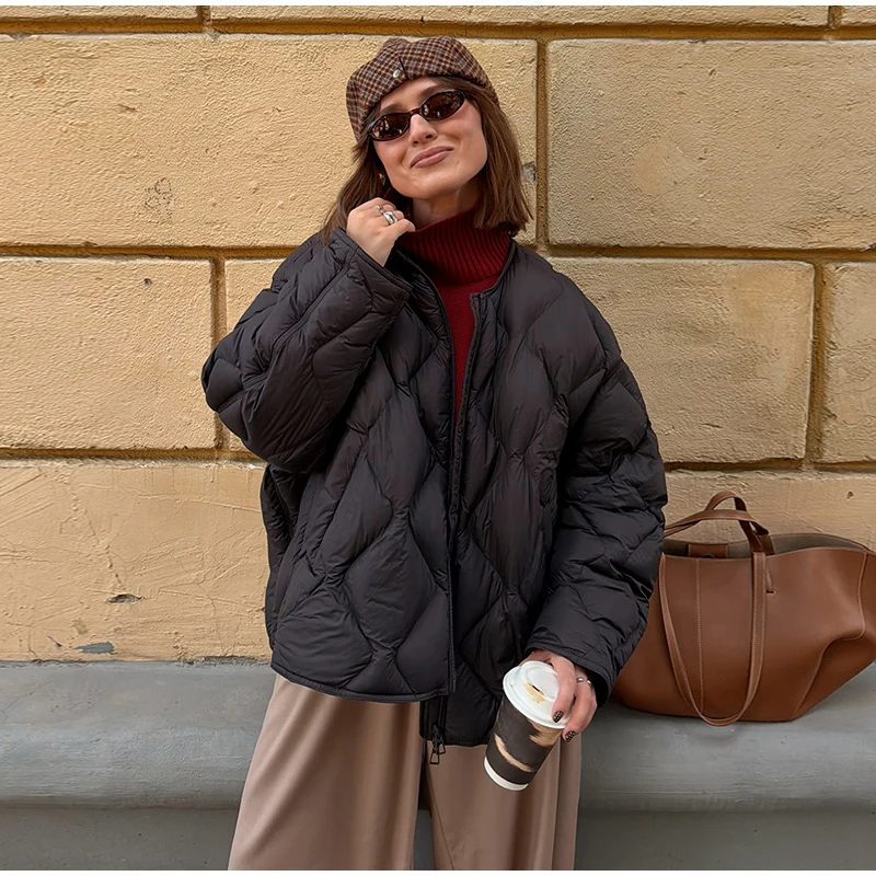 Casual Women's Quilted Cotton Padded Coats Loose O-neck Long Sleeve Zipper Female Coat 2026 Winter Lady Chic Warm Outwear