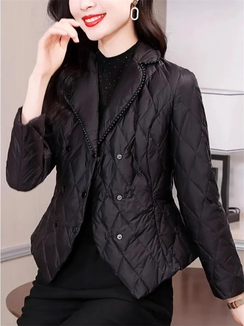 2025 Women Thin Parkas Coat Korean Female Long Sleeves Cotton Padded Jacket Winter Ladies Double-breasted Collar Puffer Outwear