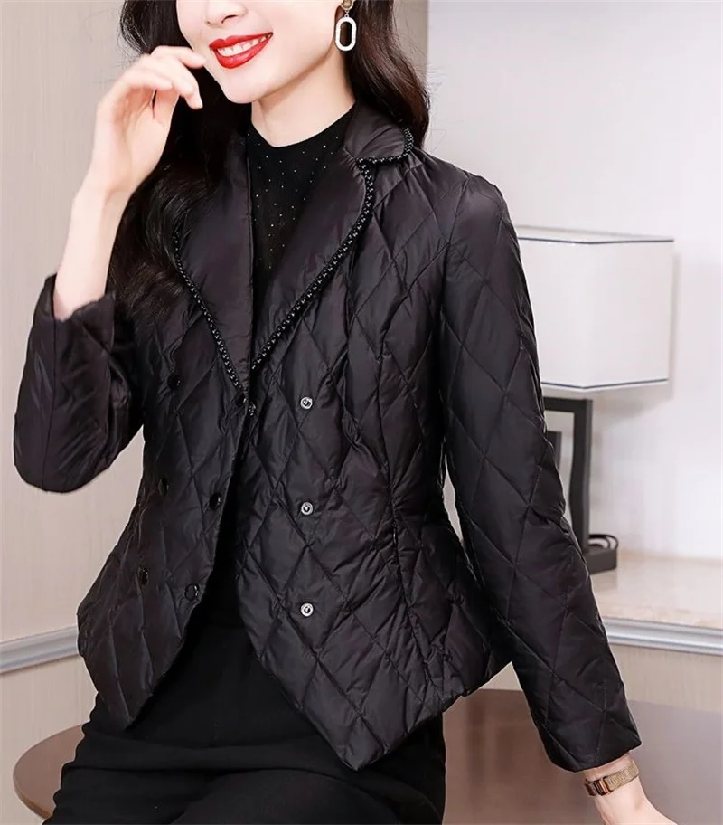 2025 Women Thin Parkas Coat Korean Female Long Sleeves Cotton Padded Jacket Winter Ladies Double-breasted Collar Puffer Outwear