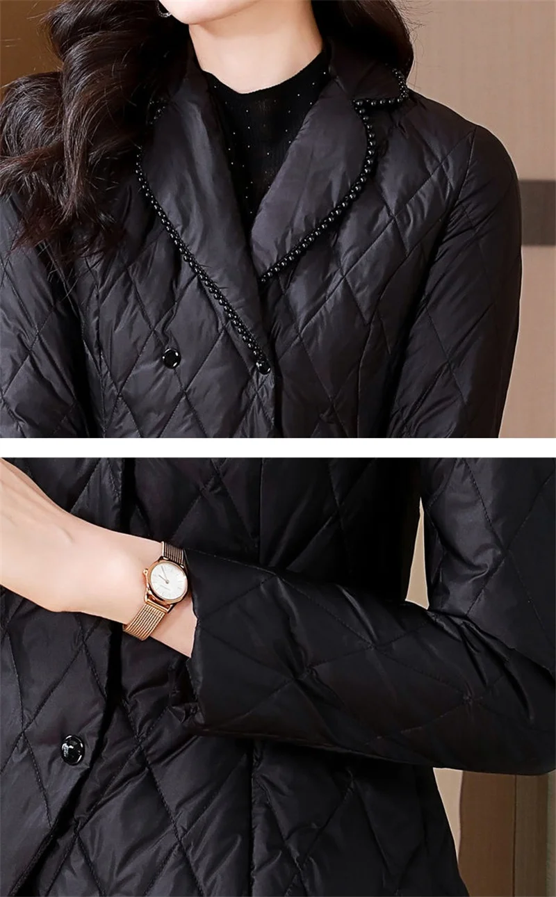 2025 Women Thin Parkas Coat Korean Female Long Sleeves Cotton Padded Jacket Winter Ladies Double-breasted Collar Puffer Outwear