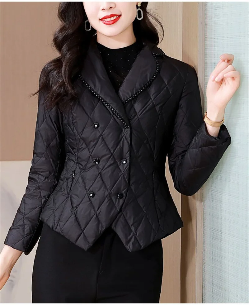 2025 Women Thin Parkas Coat Korean Female Long Sleeves Cotton Padded Jacket Winter Ladies Double-breasted Collar Puffer Outwear