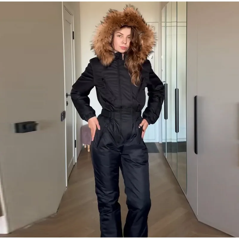 Hooded Women Ski Suit One Piece Ski Suit With Large Fur Collar Waist Cinch Ski Suit With Belt Winter Outdoor Wear 2026
