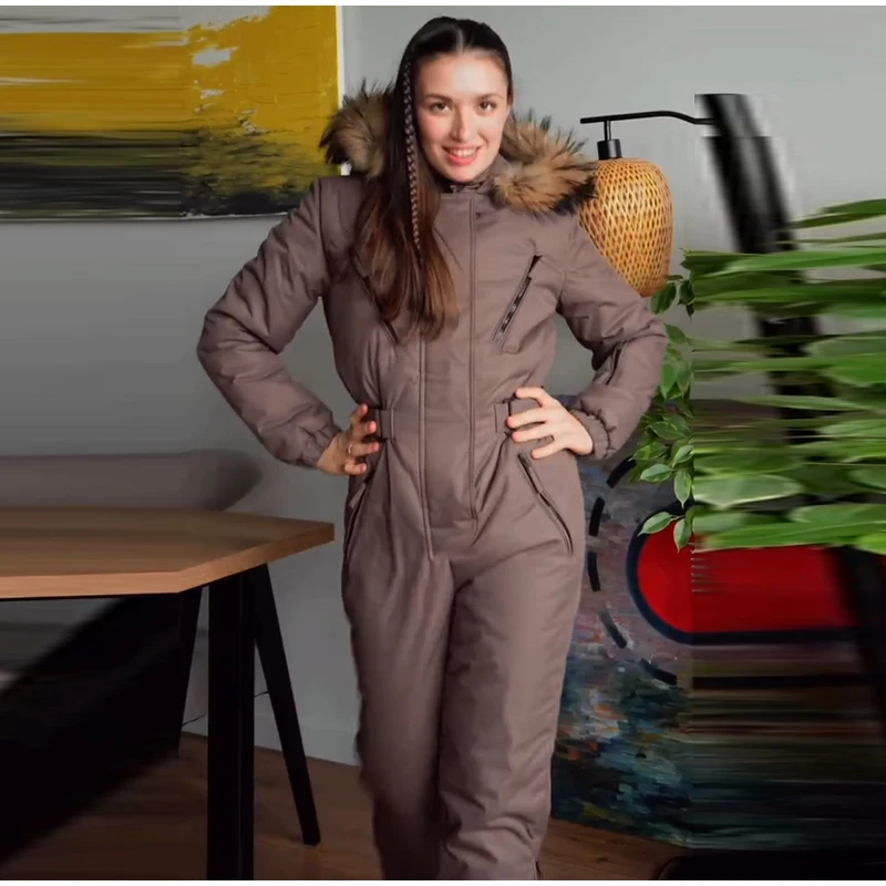 Hooded Women Ski Suit One Piece Ski Suit With Large Fur Collar Waist Cinch Ski Suit With Belt Winter Outdoor Wear 2026