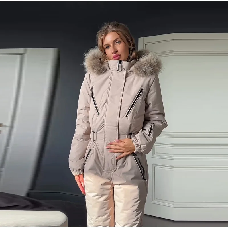 Hooded Women Ski Suit One Piece Ski Suit With Large Fur Collar Waist Cinch Ski Suit With Belt Winter Outdoor Wear 2026