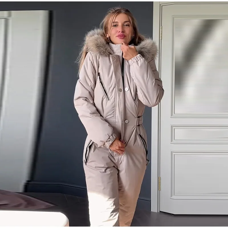 Hooded Women Ski Suit One Piece Ski Suit With Large Fur Collar Waist Cinch Ski Suit With Belt Winter Outdoor Wear 2026