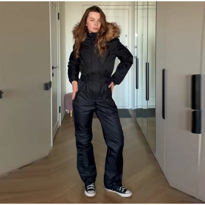 Hooded Women Ski Suit One Piece Ski Suit With Large Fur Collar Waist Cinch Ski Suit With Belt Winter Outdoor Wear 2026