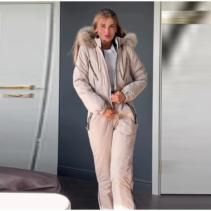 Hooded Women Ski Suit One Piece Ski Suit With Large Fur Collar Waist Cinch Ski Suit With Belt Winter Outdoor Wear 2026