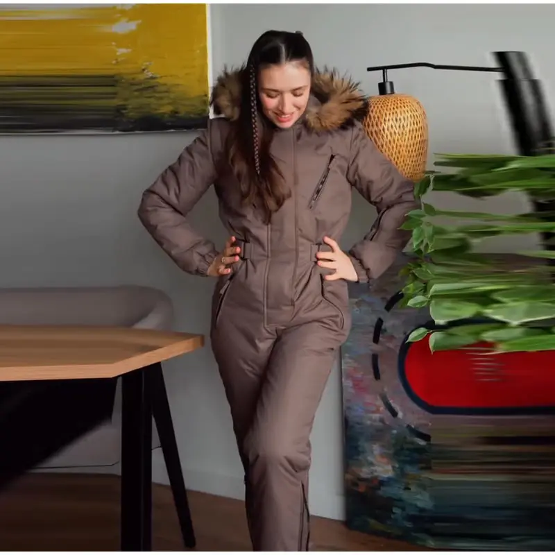 Hooded Women Ski Suit One Piece Ski Suit With Large Fur Collar Waist Cinch Ski Suit With Belt Winter Outdoor Wear 2026