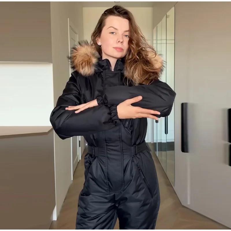Hooded Women Ski Suit One Piece Ski Suit With Large Fur Collar Waist Cinch Ski Suit With Belt Winter Outdoor Wear 2026