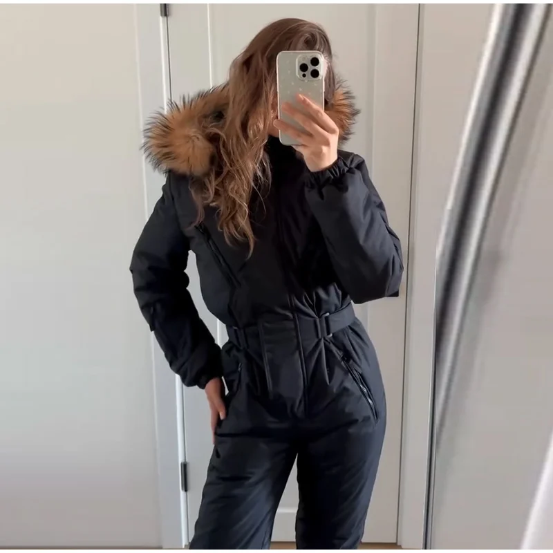 Hooded Women Ski Suit One Piece Ski Suit With Large Fur Collar Waist Cinch Ski Suit With Belt Winter Outdoor Wear 2026