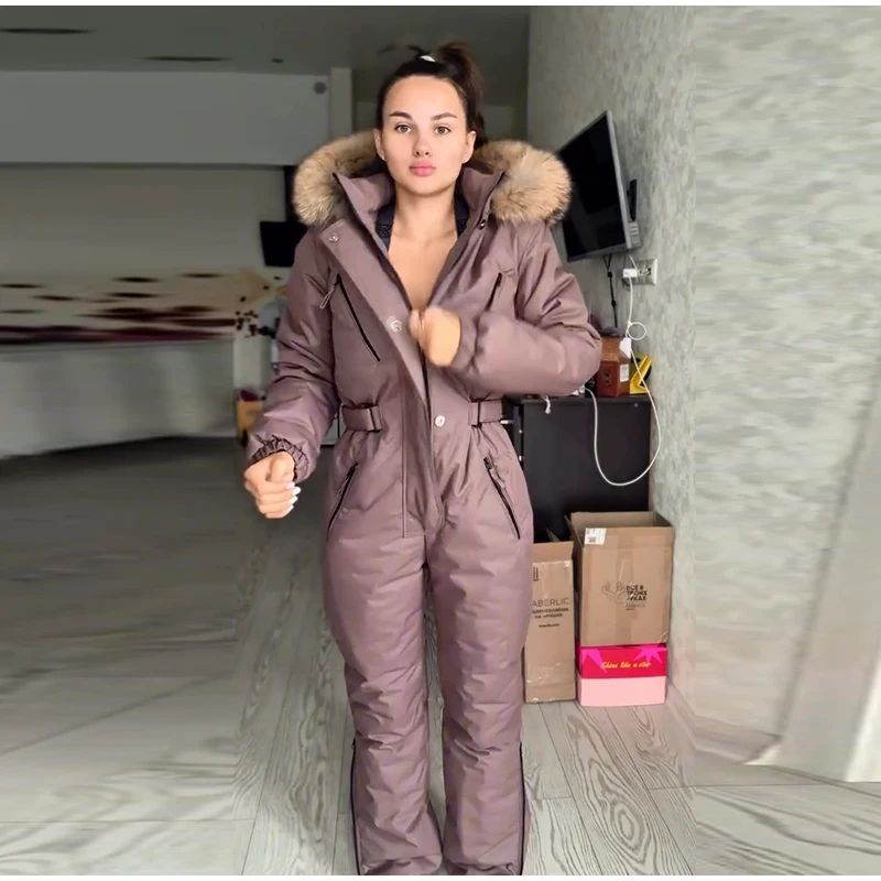 Hooded Women Ski Suit One Piece Ski Suit With Large Fur Collar Waist Cinch Ski Suit With Belt Winter Outdoor Wear 2026