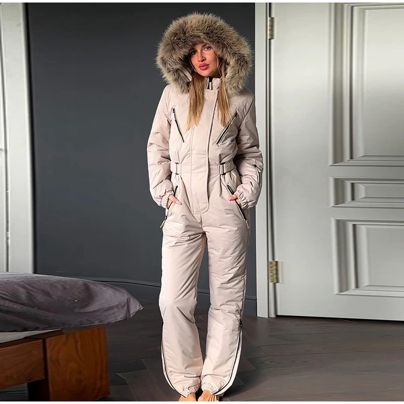 Hooded Women Ski Suit One Piece Ski Suit With Large Fur Collar Waist Cinch Ski Suit With Belt Winter Outdoor Wear 2026