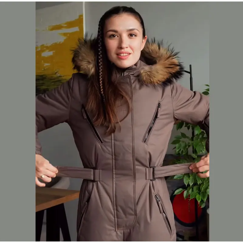 Hooded Women Ski Suit One Piece Ski Suit With Large Fur Collar Waist Cinch Ski Suit With Belt Winter Outdoor Wear 2026