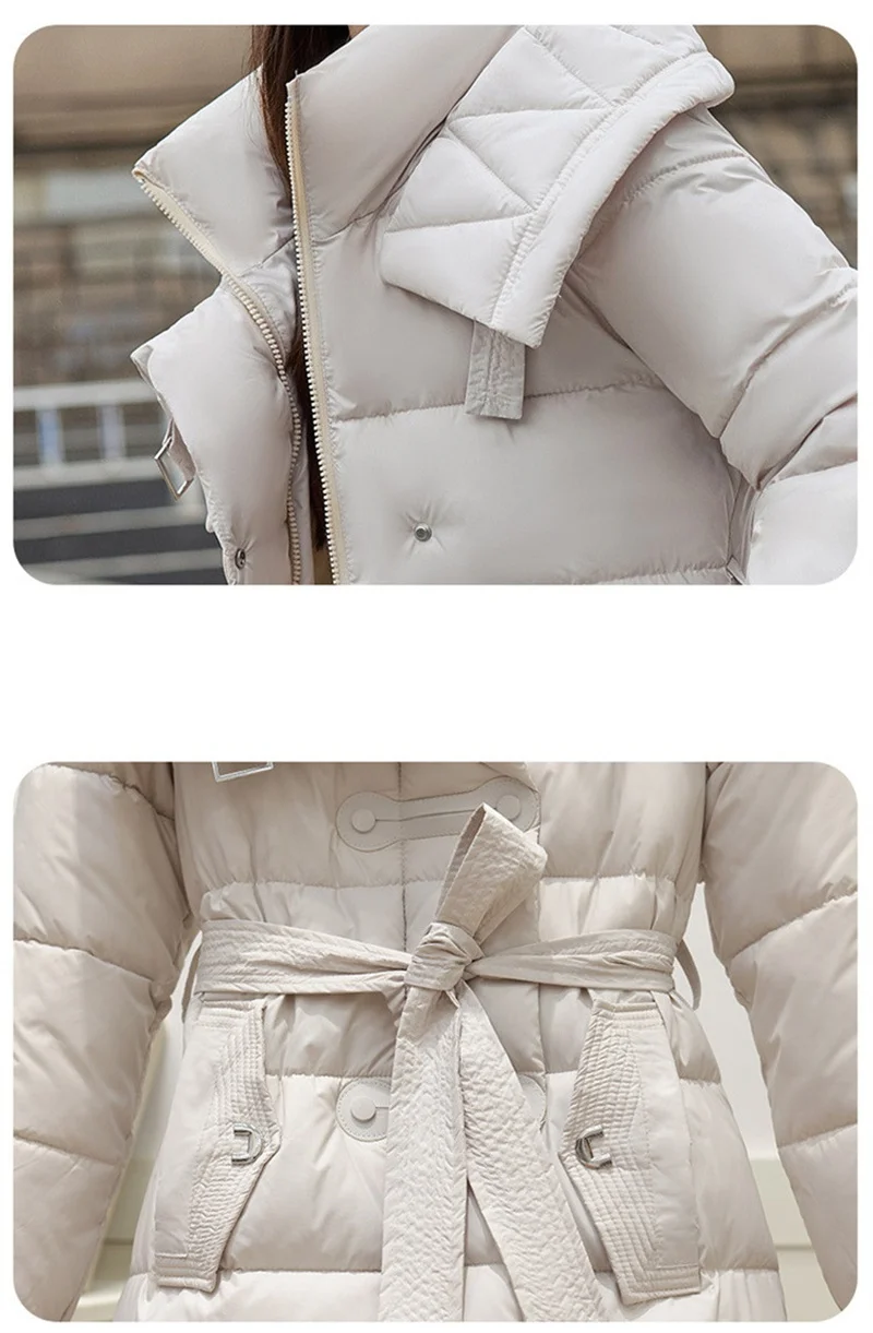 2025 New Fashion Winter Long Parkas Women's Cotton-padded Jackets Streetwear Sashes Slim A-line Coats Hooded Thicken Outerwear