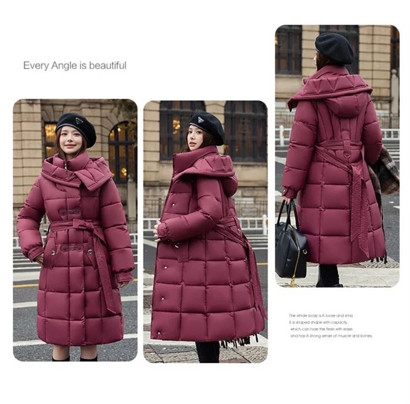 2025 New Fashion Winter Long Parkas Women's Cotton-padded Jackets Streetwear Sashes Slim A-line Coats Hooded Thicken Outerwear