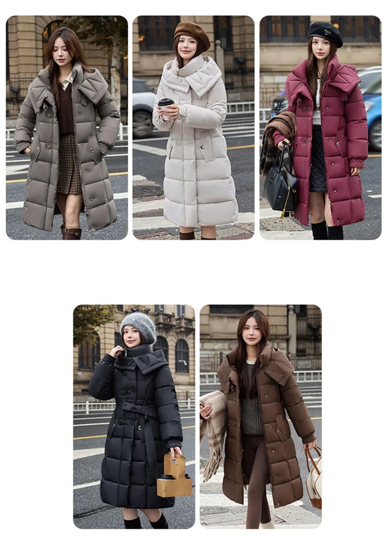 2025 New Fashion Winter Long Parkas Women's Cotton-padded Jackets Streetwear Sashes Slim A-line Coats Hooded Thicken Outerwear