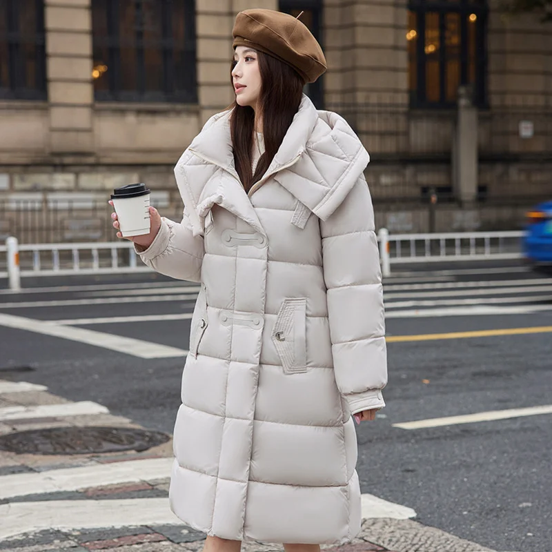 2025 New Fashion Winter Long Parkas Women's Cotton-padded Jackets Streetwear Sashes Slim A-line Coats Hooded Thicken Outerwear