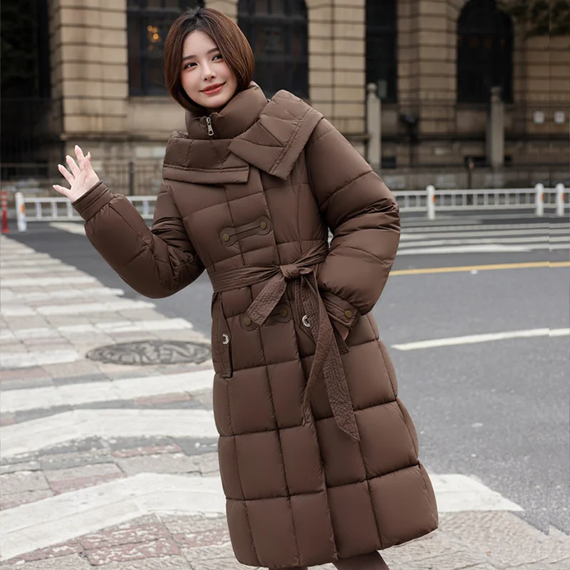 2025 New Fashion Winter Long Parkas Women's Cotton-padded Jackets Streetwear Sashes Slim A-line Coats Hooded Thicken Outerwear