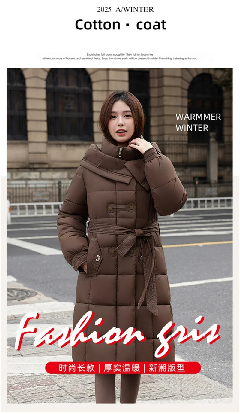 2025 New Fashion Winter Long Parkas Women's Cotton-padded Jackets Streetwear Sashes Slim A-line Coats Hooded Thicken Outerwear