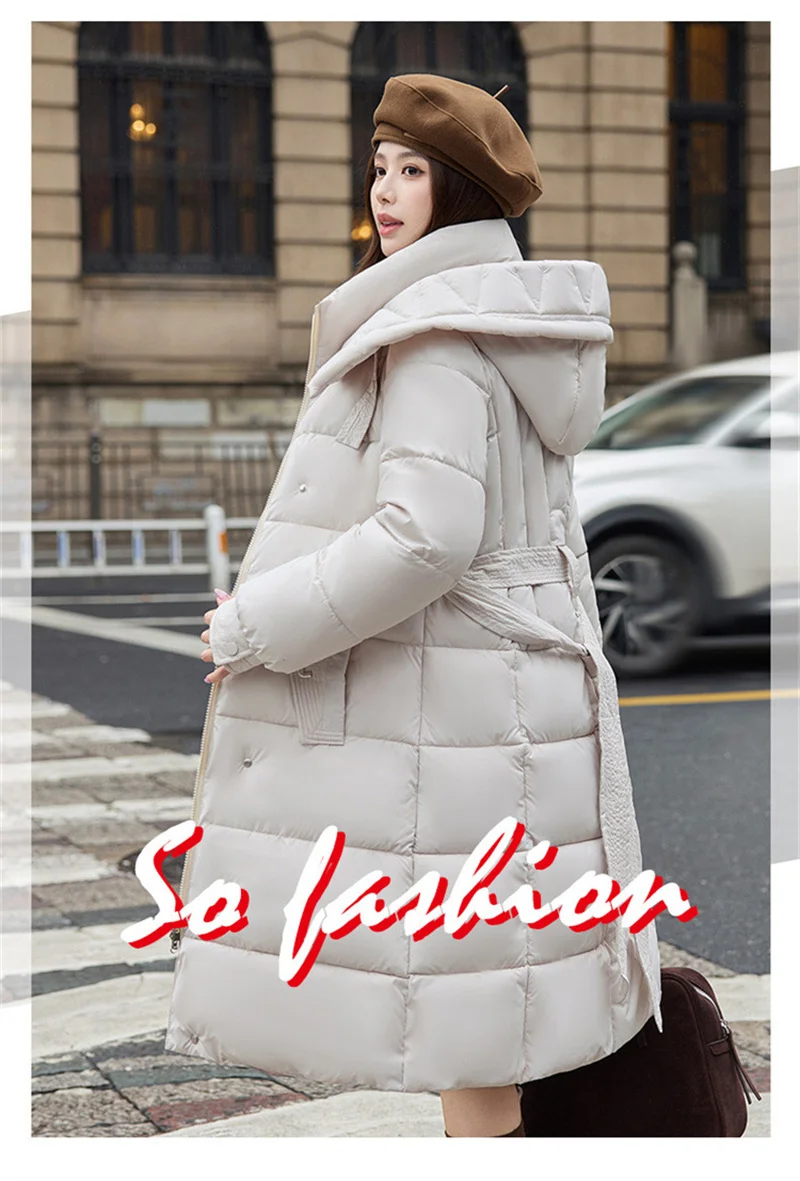 2025 New Fashion Winter Long Parkas Women's Cotton-padded Jackets Streetwear Sashes Slim A-line Coats Hooded Thicken Outerwear