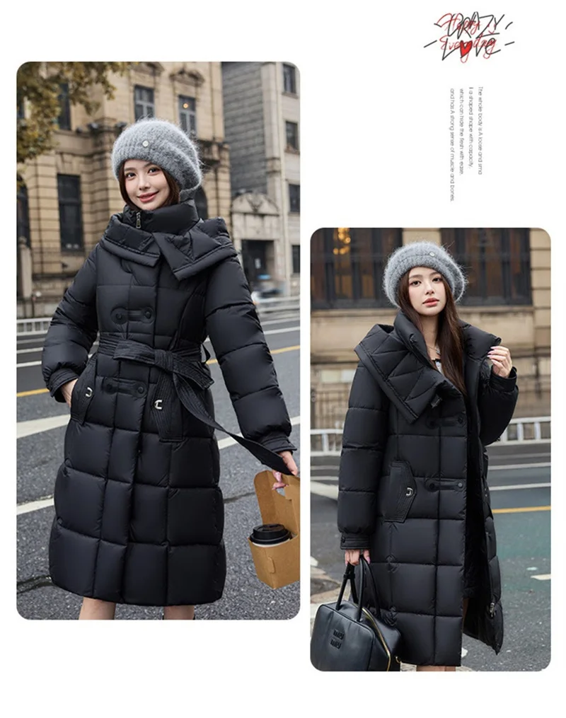 2025 New Fashion Winter Long Parkas Women's Cotton-padded Jackets Streetwear Sashes Slim A-line Coats Hooded Thicken Outerwear