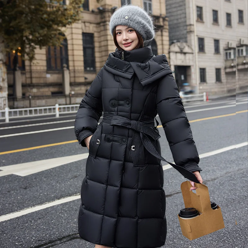 2025 New Fashion Winter Long Parkas Women's Cotton-padded Jackets Streetwear Sashes Slim A-line Coats Hooded Thicken Outerwear