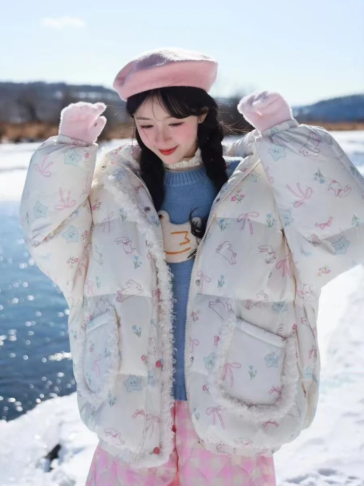 Y2k Aesthetic Cute Cartoon Hoodies Parkas Women Vintage Harajuku Casual Loose Coat Winter Warm Single Breasted Grunge Jacket