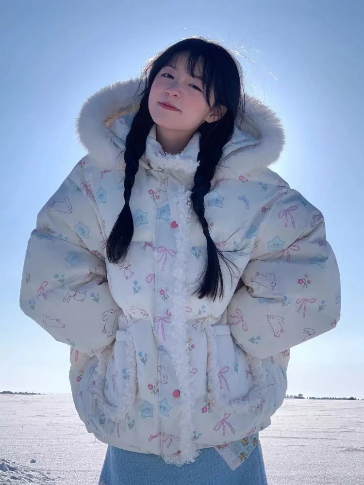Y2k Aesthetic Cute Cartoon Hoodies Parkas Women Vintage Harajuku Casual Loose Coat Winter Warm Single Breasted Grunge Jacket