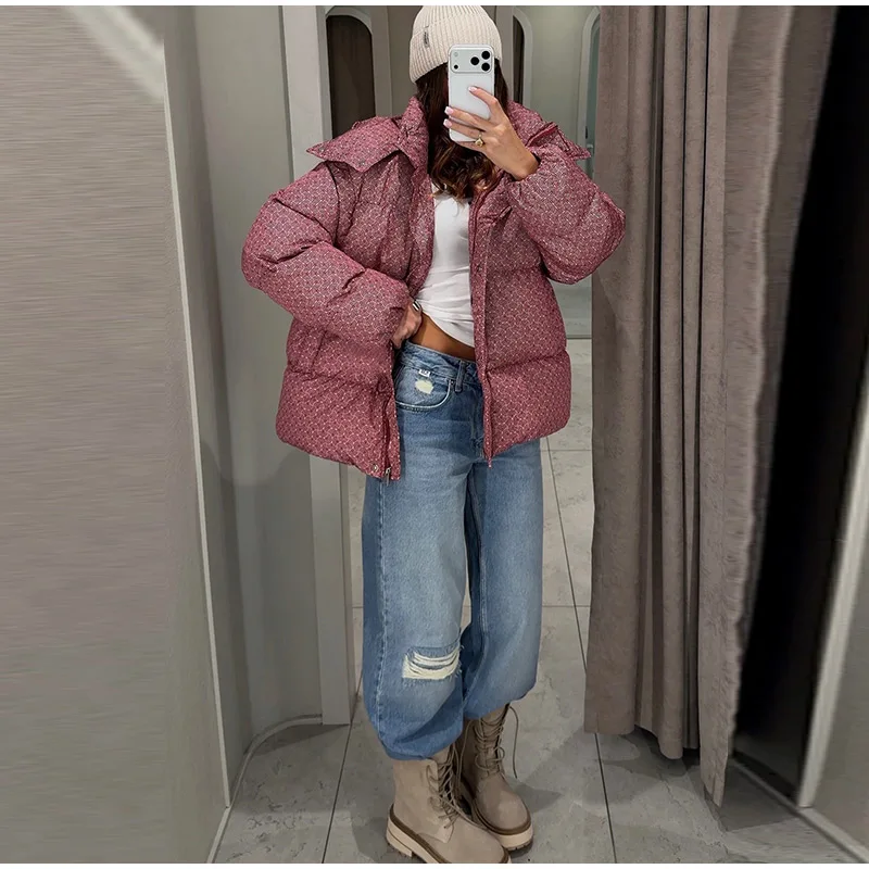 Women Swirl Print Hooded Puffer Jacket Stand Collar Zip Up Long Sleeve Loose Bubble Quilted Coat 2026 Winter Casual Warm Jackets