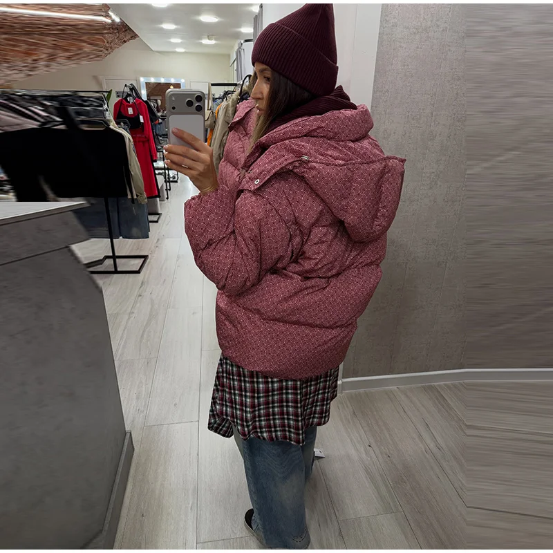 Women Swirl Print Hooded Puffer Jacket Stand Collar Zip Up Long Sleeve Loose Bubble Quilted Coat 2026 Winter Casual Warm Jackets