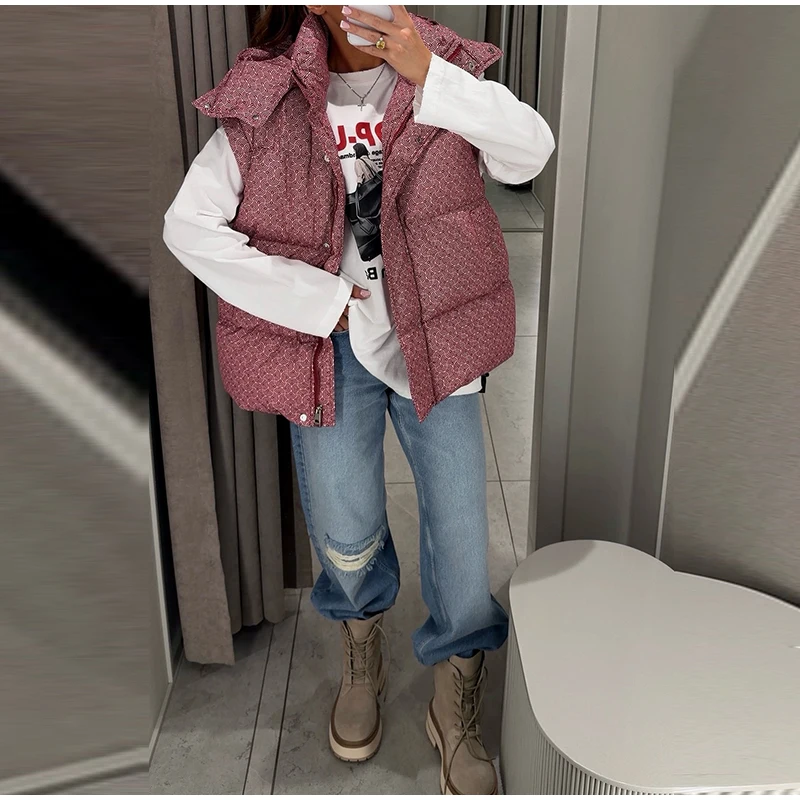 Women Swirl Print Hooded Puffer Jacket Stand Collar Zip Up Long Sleeve Loose Bubble Quilted Coat 2026 Winter Casual Warm Jackets