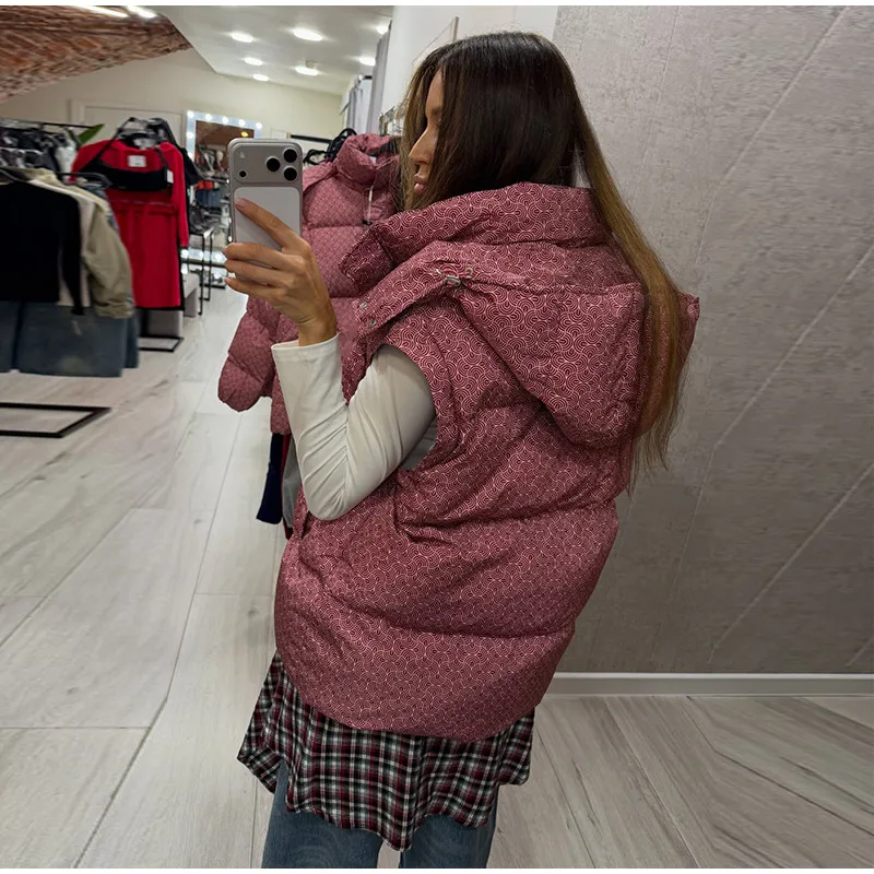 Women Swirl Print Hooded Puffer Jacket Stand Collar Zip Up Long Sleeve Loose Bubble Quilted Coat 2026 Winter Casual Warm Jackets