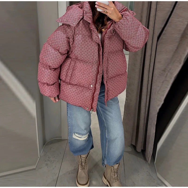 Women Swirl Print Hooded Puffer Jacket Stand Collar Zip Up Long Sleeve Loose Bubble Quilted Coat 2026 Winter Casual Warm Jackets
