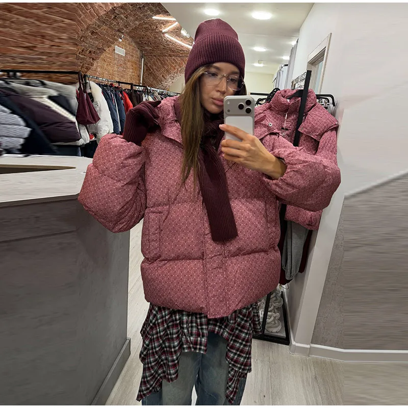 Women Swirl Print Hooded Puffer Jacket Stand Collar Zip Up Long Sleeve Loose Bubble Quilted Coat 2026 Winter Casual Warm Jackets