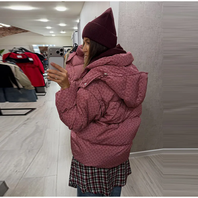 Women Swirl Print Hooded Puffer Jacket Stand Collar Zip Up Long Sleeve Loose Bubble Quilted Coat 2026 Winter Casual Warm Jackets
