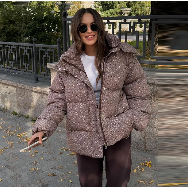 Women Swirl Print Hooded Puffer Jacket Stand Collar Zip Up Long Sleeve Loose Bubble Quilted Coat 2026 Winter Casual Warm Jackets