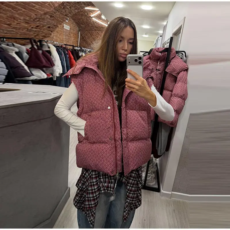 Women Swirl Print Hooded Puffer Jacket Stand Collar Zip Up Long Sleeve Loose Bubble Quilted Coat 2026 Winter Casual Warm Jackets