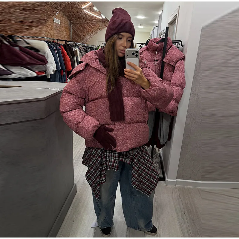 Women Swirl Print Hooded Puffer Jacket Stand Collar Zip Up Long Sleeve Loose Bubble Quilted Coat 2026 Winter Casual Warm Jackets