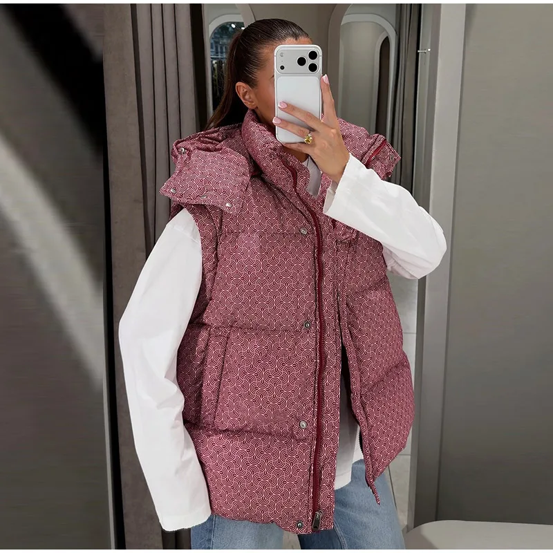 Women Swirl Print Hooded Puffer Jacket Stand Collar Zip Up Long Sleeve Loose Bubble Quilted Coat 2026 Winter Casual Warm Jackets