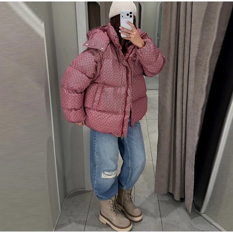 Women Swirl Print Hooded Puffer Jacket Stand Collar Zip Up Long Sleeve Loose Bubble Quilted Coat 2026 Winter Casual Warm Jackets